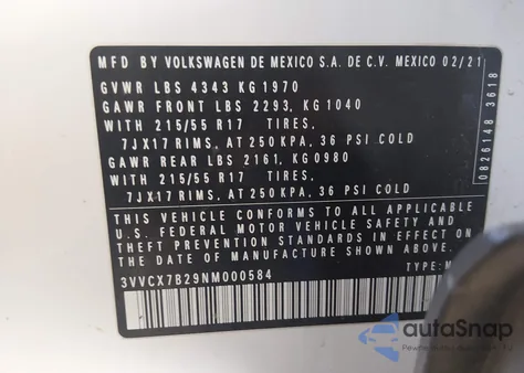 2022 Volkswagen Taos 1.5T S from USA, damaged, VIN 3VVCX7B29NM000584